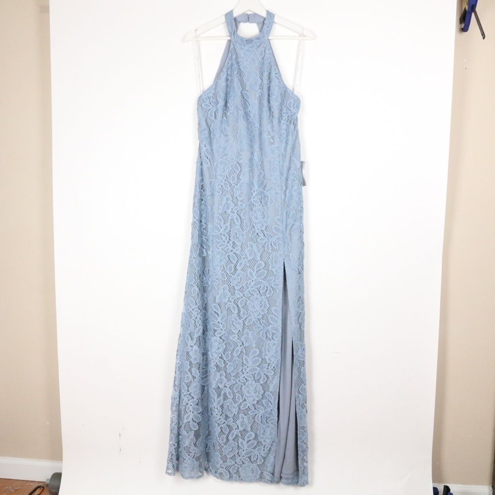 Lulu's Dusty Blue Halter Lace Maxi Dress
